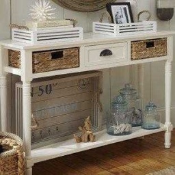 Coastal White Console Table with Baskets — White wood