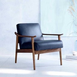 Navy Leather Mid-Century Armchair — Navy blue leather